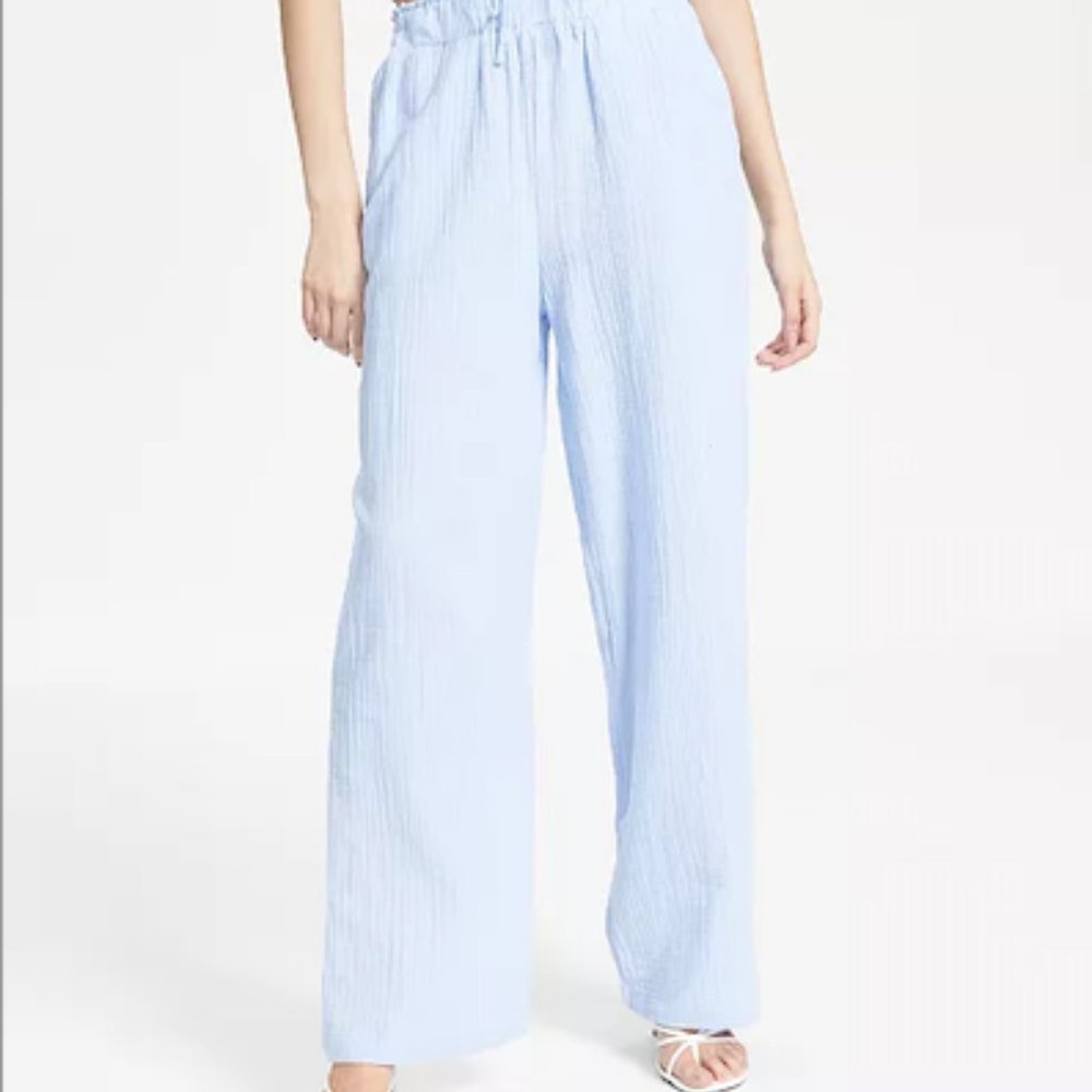 NWT And Now This Gauze Wide Leg Pants Blue Pull-On Coastal Resortwear Vacation-M - Picture 2 of 13